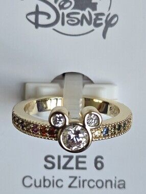 Mickey Mouse Multi-Color Rainbow Pavé Ring - Gold Tone - Size 6